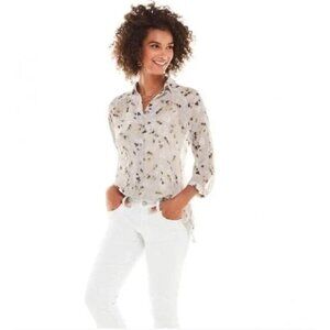 CAbi Matinee Floral Blouse Womens XS Sheer 3/4 Sleeve Gray Polyester Boho Hippie